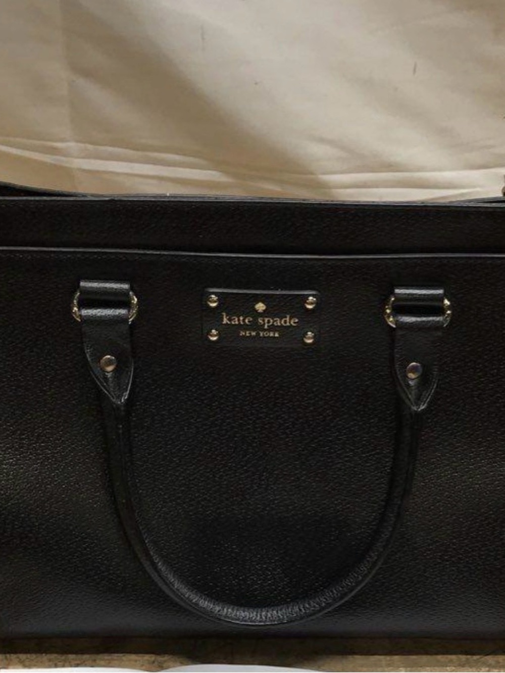 kate spade black pebble leather tote with gold logo plate